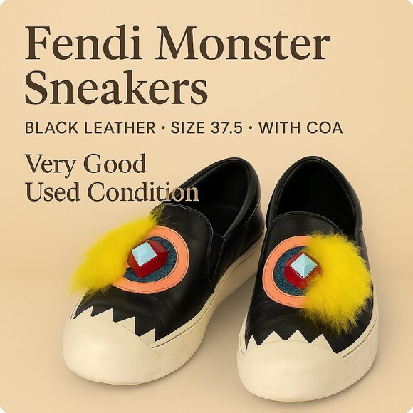 Fendi Shoes - Fendi Monster Slip-On Sneakers Black Yellow Fur 37.5 COA